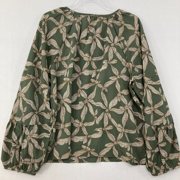 LOFT sz XL Green Tan Floral Abstract Balloon Sleeve Button Popover Blouse Office - Picture 8 of 9